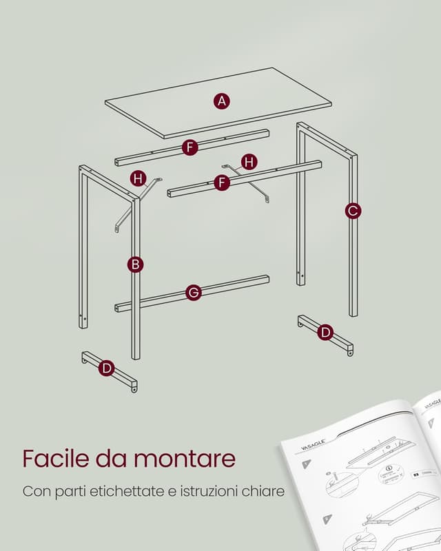 Detalle de VASAGLE Scrivania per computer LWD039W01 bianco acciaio 60 x 120 x 76 cm