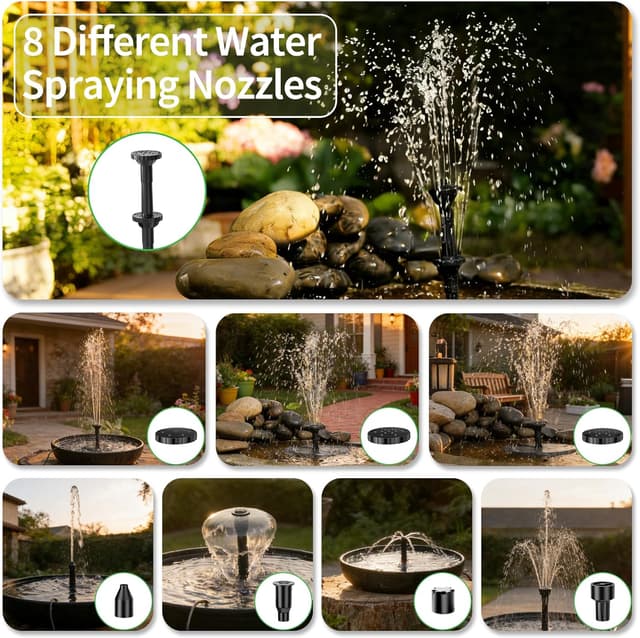 Detalle de POPOSOAP 8W Solar Fountain Pump for Bird Bath with 8 Nozzles, Glass Solar Panel & Low-Water Auto Stop