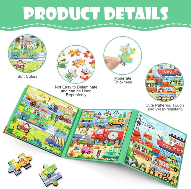 Detalle de Aolso Magnetic Puzzles for Kids (Ages 3–5) – Toddler Travel Jigsaw Book with Traffic Scenes