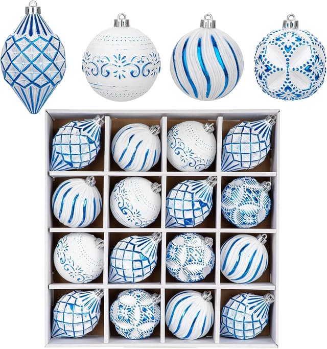 Detalle 2 de Oairse 16-piece Christmas tree baubles set (shatterproof) in white and gold