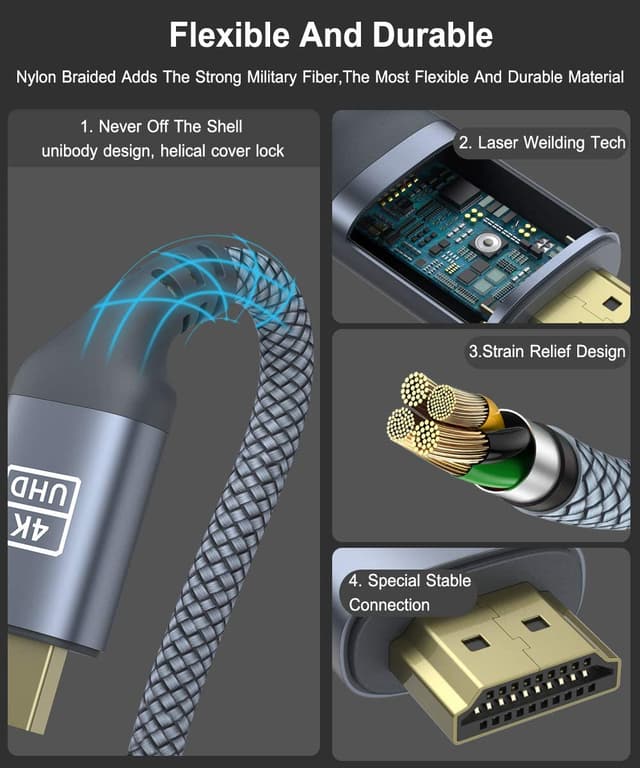 Detalle de AkoaDa 4K Long HDMI Cable (HDMI 2.0, 18Gbps, ARC compatible) – Grey, 9M