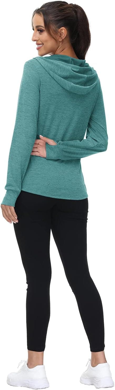 Detalle de donhobo Women’s Running Jackets with Thumb Hole – breathable, UPF 50+ zip-up hoodie with side pockets