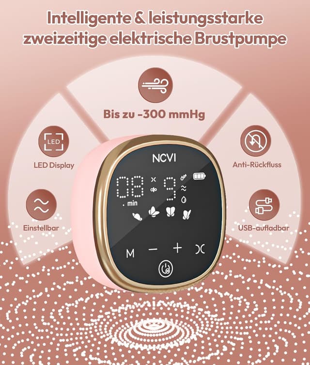 Detalle de NCVI elektrische Milchpumpe mit 4 Modi, 9 Stufen, 40 dB & Anti-Rückfluss – USB-ladbar (inkl. Beutel & Stilleinlagen)
