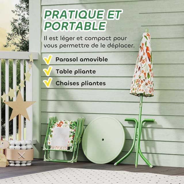 Detalle de AIYAPLAY Ensemble salon de jardin enfant 4 pièces (table, 2 chaises pliantes et parasol) motif éléphant et girafe