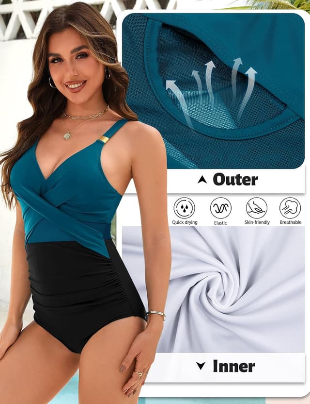 Detalle de FemiChic Maillot de bain une pièce femme gainant à col en V et froncé ventre (grande taille)