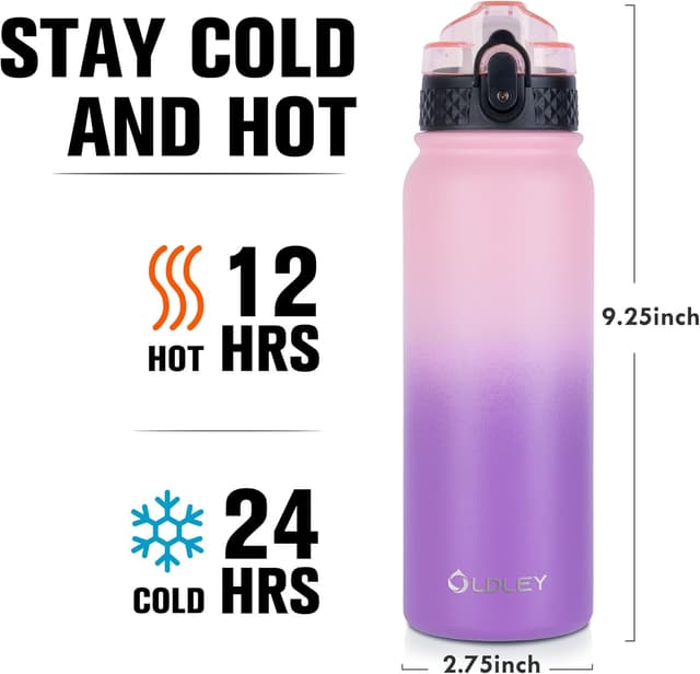 Detalle de OLDLEY 20oz Insulated Stainless Steel Water Bottle (Straw & 3 Lids) in Ombre Pink-Purple