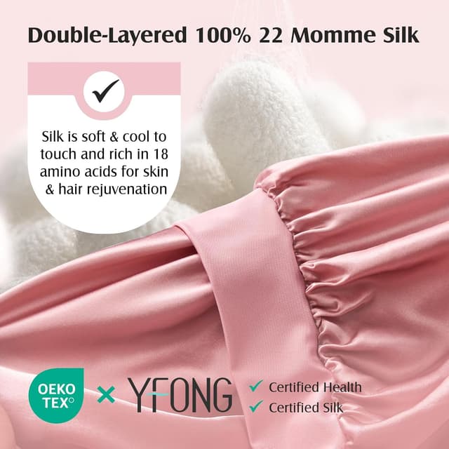 Detalle 2 de YFONG 100% 22 Momme Mulberry Silk Bonnet (Double Layer) — Non-Slip Sleep Cap Turban with Elastic Tie, Pink