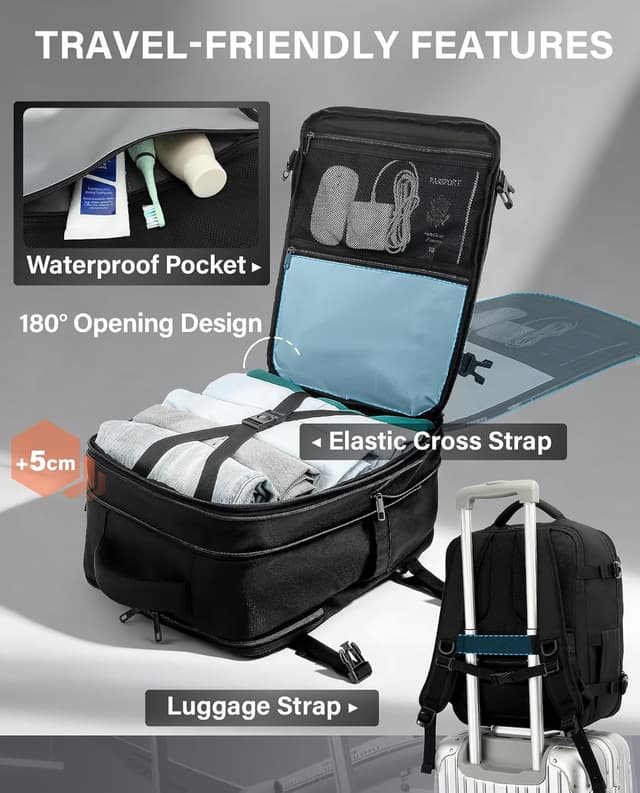 Detalle de VANKEV Ryanair EasyJet Eurowings Wizz Air Cabin Bag – expandable underseat laptop bag 40x30x20 to 40x30x25 (24L to 30L), black