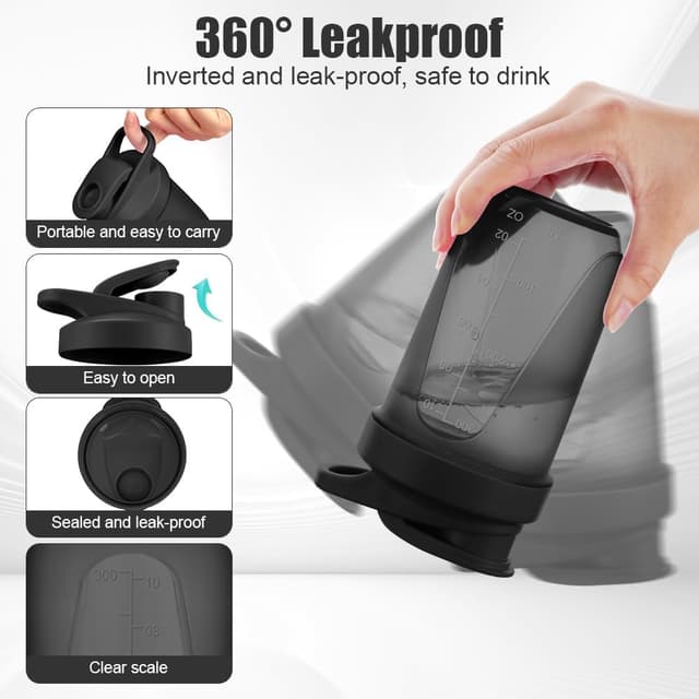 Detalle de Protein Shaker (2er-Set, 400 ml) mit Mixball und Messskala – BPA-frei, auslaufsicher, schwarz+weiß