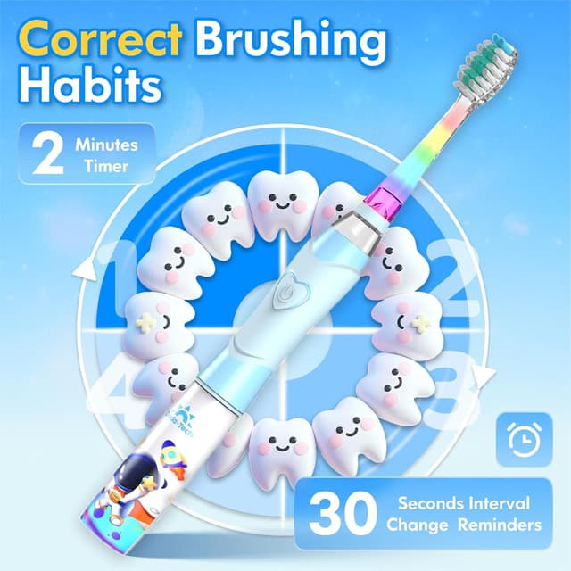 Detalle 2 de Kids Electric Toothbrush (3-5-6-12) with Timer, Rainbow LED & Sonic Vibration – Astronauts Blue