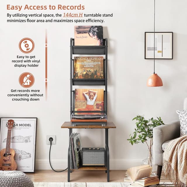 Detalle 2 de Bikoney Supporto giradischi con presa di corrente e ripiani per vinili fino a 200 album