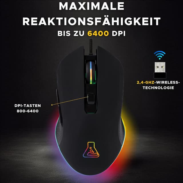 Detalle de THE G-LAB Kult Helium USB-Gamer-Maus (kabelgebunden) mit 800–6400 DPI, optischem Sensor & 7-farbiger LED