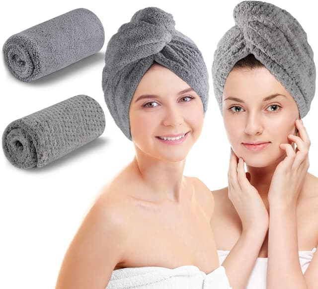 Detalle de KinHwa XL Turban-Handtuch mit Knopf aus Mikrofaser, 30 x 70 cm – 2er-Pack, grau