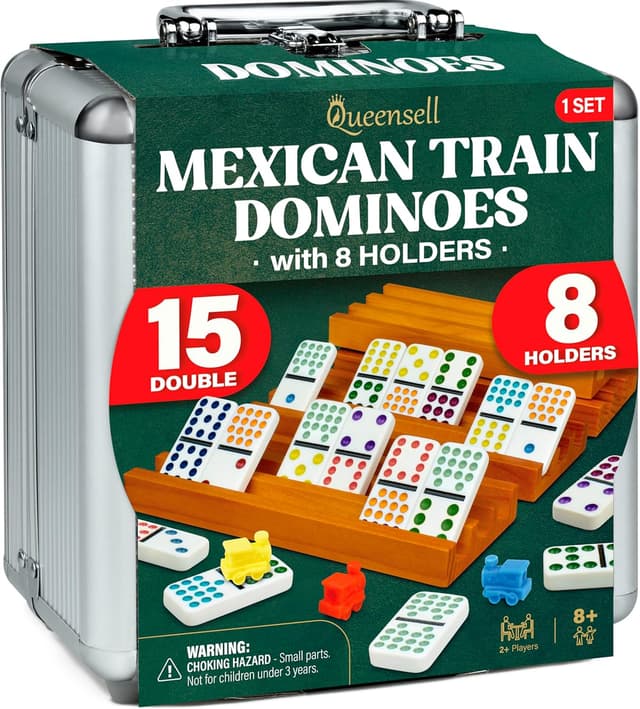 Detalle de Queensell Mexican Train Domino-Set Doppel 15 (136 Spielsteine) im Aluminiumkoffer