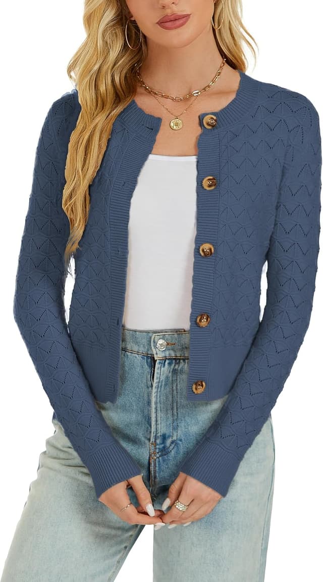 Detalle de Enjyam Damen Strickjacke Elegant kurz mit Knöpfen, Rundhals & Lochmuster (Cardigan/Bolero)