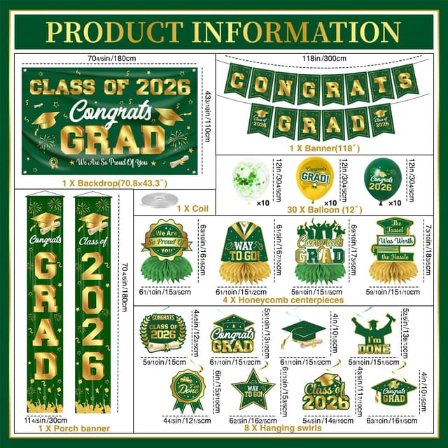 Detalle de M AMFEOV 2026 Green and Gold Graduation Party Decor Set with Congrats Grad Banner, Backdrop & Balloons