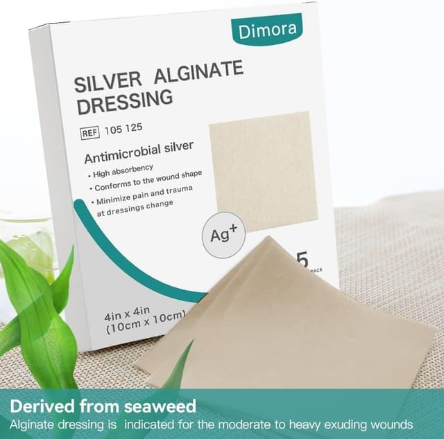 Detalle de Dimora Upgrade Silver Calcium Alginate Wound Dressing (4'' x 4'') – Antibacterial Non-Stick Gauze, Sterile Absorbent Pads, 5 Packs