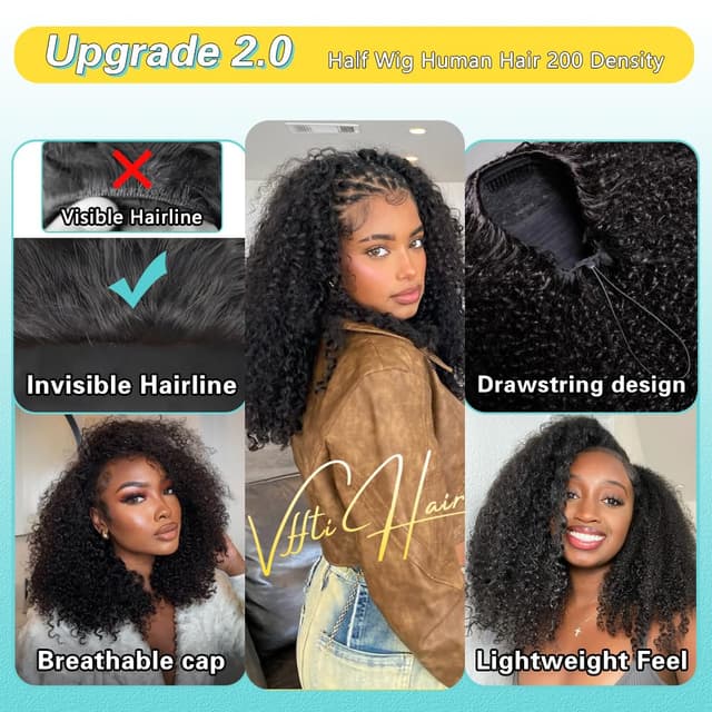 Detalle 2 de VFFTI Kinky Curly Half Wig (Human Hair) — 3-in-1 Drawstring Seamless Flip-Over, Beginner-Friendly