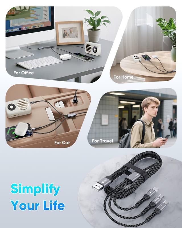 Detalle de SUNGUY USB-A auf USB-C Kabel 1,2 m (3-in-1 Splitter, QC 3.0) mit 3 USB-C-Anschlüssen