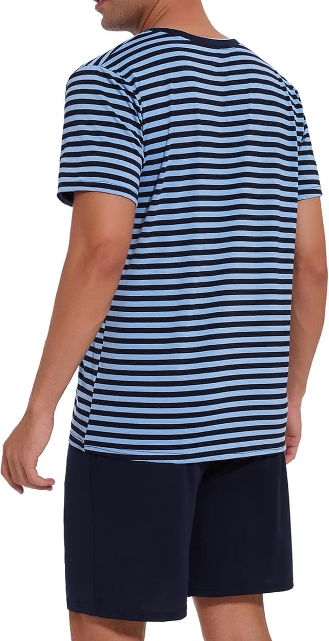 Detalle 2 de Leversic Herren-Schlafanzug kurz aus Baumwolle mit Kontraststreifen-Design – Sommer-Pyjama Set