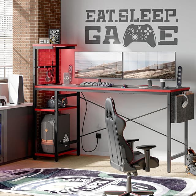 Detalle de Bestier 155cm Corner Desk with Power Outlets and LED Lights (reversible)