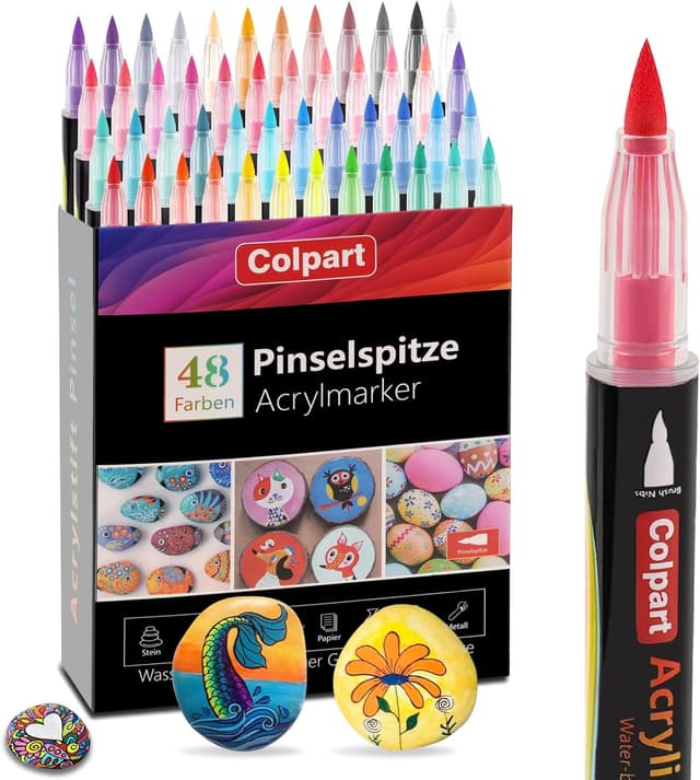 Detalle de colpart Acrylic Paint Pens for Rocks, 48-Colour Brush Tip Marker Set for Stone, Wood, Ceramic & Glass