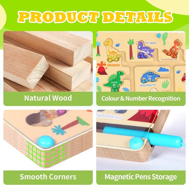 Detalle de Giochi Montessori dinosauro labirinto magnetico in legno con numeri 1–10 e 55 perline colorate