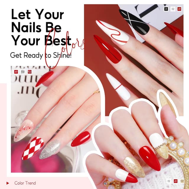 Detalle 2 de PEACECOLOR UV-Gel Nagellack Set mit 6 Farben (10 ml) – Weiß, Rot, Schwarz, Silber/Gold Flash