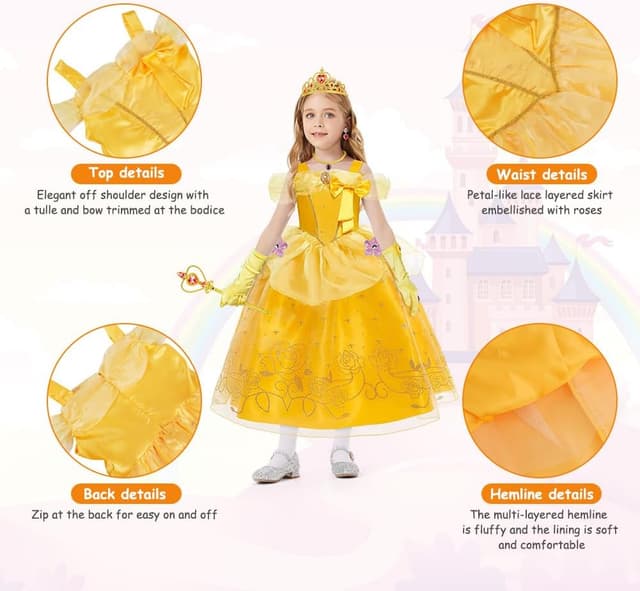 Detalle de BSBUY Princess Belle costume dress set for girls with crown, wand and accessories