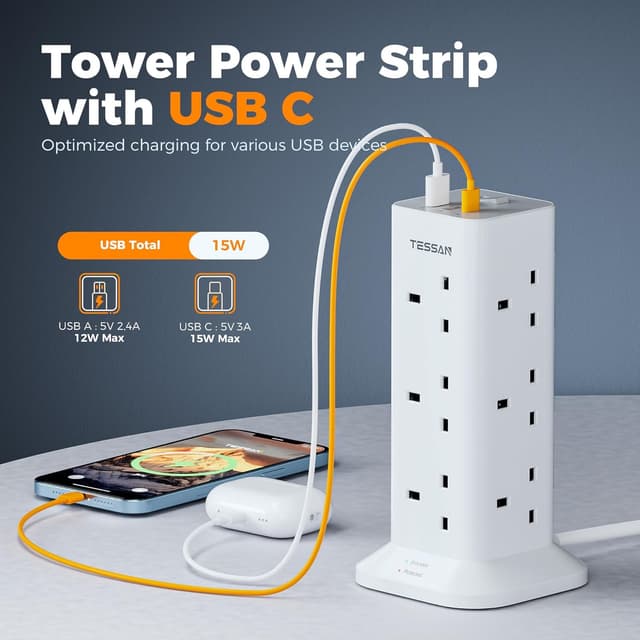 Detalle 2 de TESSAN 12‑way Power Strip 3 USB, 2m Cable 🔌