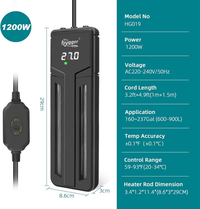 Thumbnail 5 de Hygger 1200W Submersible Aquarium Heater