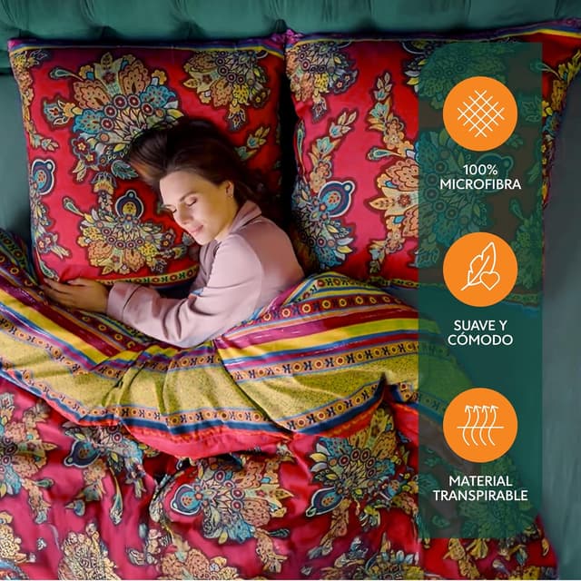 Detalle de Funda Nórdica 155x220cm Boho Mandala Rojo Azul con Almohada