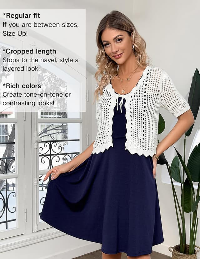 Detalle de Kate Kasin Women Crochet Shrug Sweater Tie-Front Bolero (Short Sleeve Cropped Cardigan)