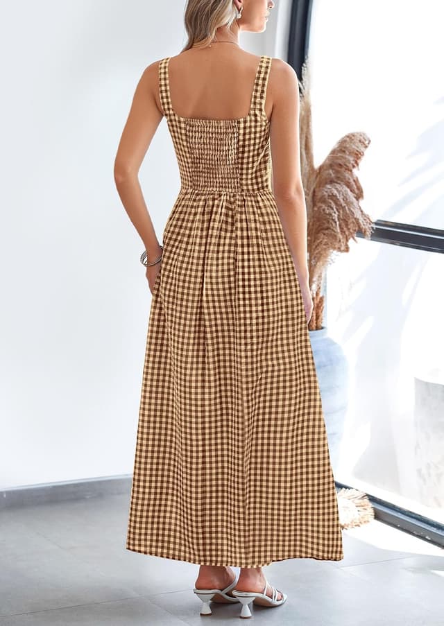 Detalle 2 de PRETTYGARDEN Women’s Plaid Square-Neck Spaghetti Strap Maxi Dress (2026 Summer Collection)