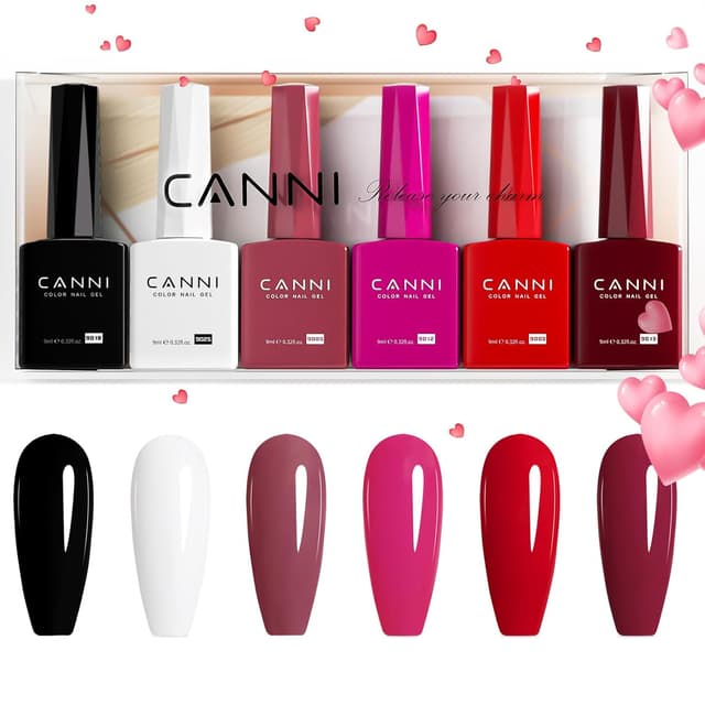 Detalle de CANNI 9ml Hema-Free Gel Nail Polish Set (6-Piece) — White, Black, Burgundy, Red, Purple, Nude
