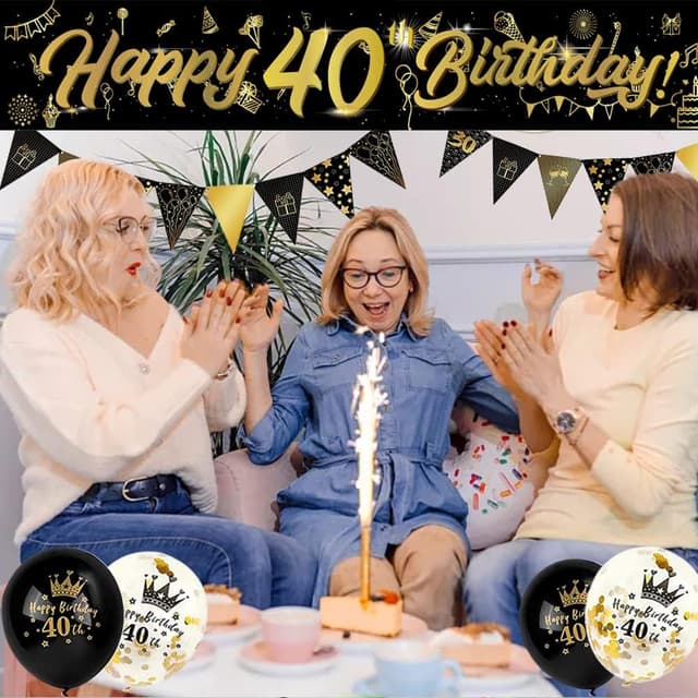 Thumbnail 6 de 14-Piece 40th Happy Birthday Decorations Kit with 9ft Banner, Triangle Flags, Confetti Balloons