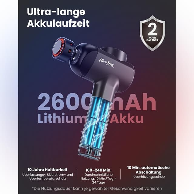 Detalle de BOB AND BRAD X6 Ultra Massagepistole mit Infrarotlicht & Wärme – Profi Tiefengewebe-Muskelmassagegerät mit Titan-Kopf und 6 Aufsätzen