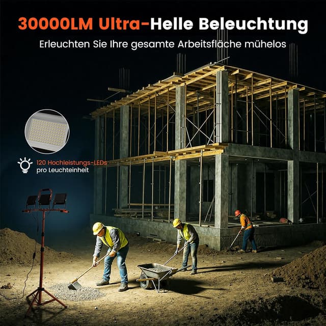 Detalle 2 de ETOOLAB LED-Baustrahler mit Stativ, 30.000 lm (3×75 W), 98–200 cm höhenverstellbar, IP66