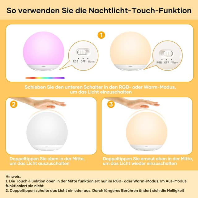 Detalle 2 de Suright Nachtlicht Kinder Touch, RGB 7 Farben