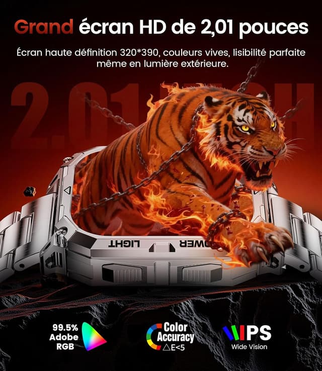 Detalle 2 de Montre connectée homme militaire 2,01" HD avec Bluetooth, fréquence cardiaque et IP68 (argent)