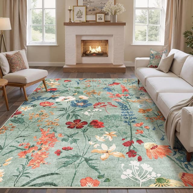 Detalle de HUGEAR waschbarer Teppich mit Blumenmuster (200x300 cm) – rutschfest für Wohnzimmer, Schlafzimmer & Büro