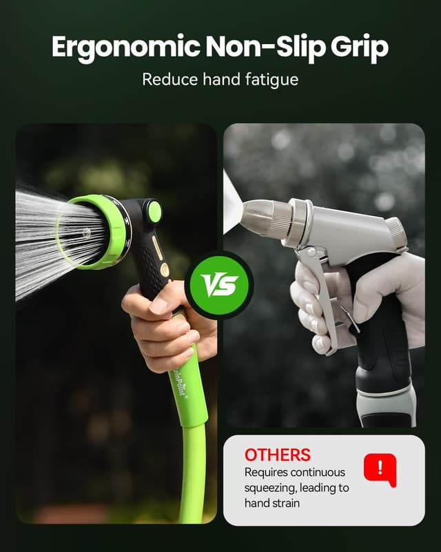 Detalle 2 de RAINPOINT all-metal hose pipe spray gun with thumb flow control and 10 spray patterns (green)