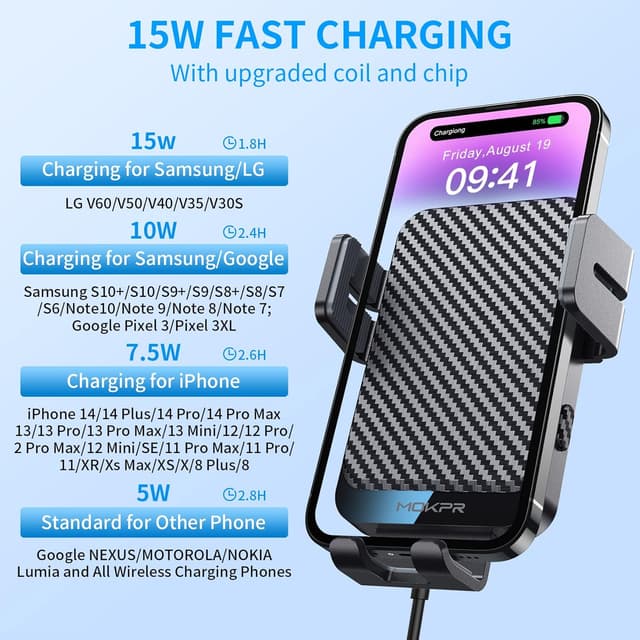 Detalle 2 de MOKPR Wireless Car Charger (15W) with Automatic Clamping Holder for iPhone & Galaxy