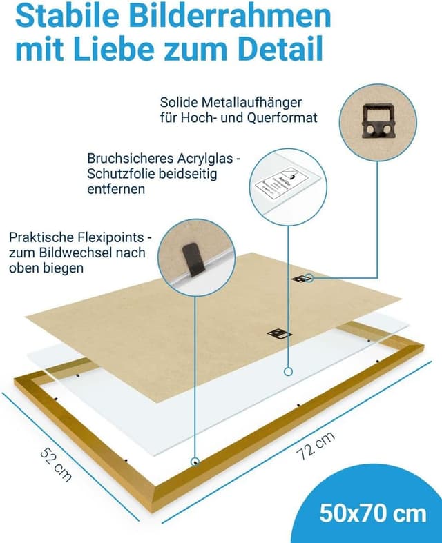 Detalle de PHOTOLINI Bilderrahmen 50x70 Gold im 3er-Set (Holz/MDF, Acrylglas) zum Aufhängen