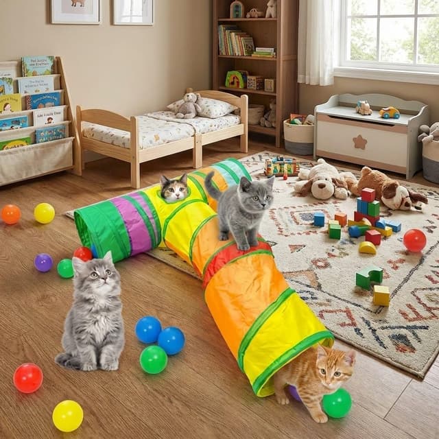 Detalle de DoggKKin Foldable Cat Tunnel (Rainbow Play Tent) with Interactive Toys