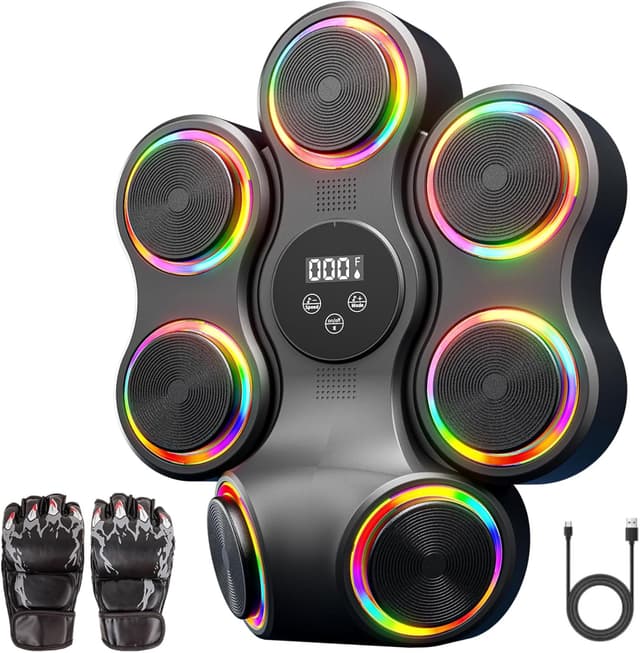 Detalle de Macchina da boxe musicale con Bluetooth e luci LED, guantoni inclusi, attrezzatura per casa e palestra