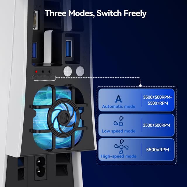 Detalle 2 de NEWDERY Cooling Fan for PS5 Slim Console – quiet temperature-adjustable fan with USB 3.0 pass-through and dynamic RGB