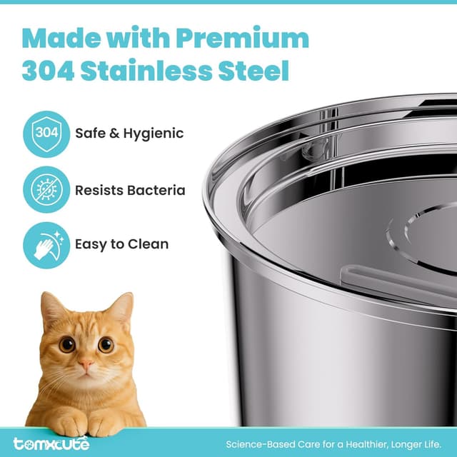 Detalle de TOMXCUTE 3.2L Stainless Steel Cat Water Fountain with Upgraded Pump & Replacement Filters