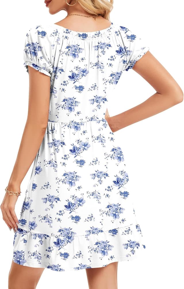 Detalle 2 de AUSELILY Damen Sommerkleid mit Puffärmeln, hoher Taille und Taschen