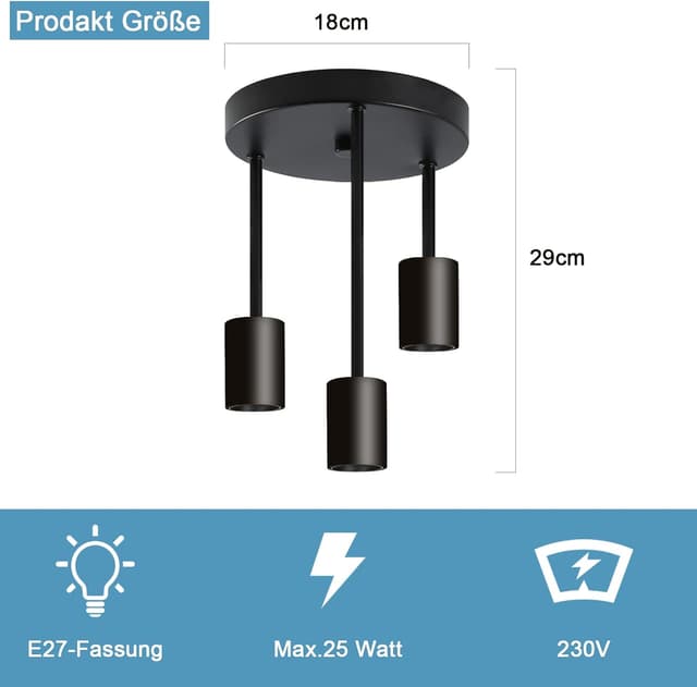 Detalle de CBJKTX Vintage Deckenleuchte Schwarz mit 3 Spots (E27) – Industriedesign für Esszimmer, Küche & Flur